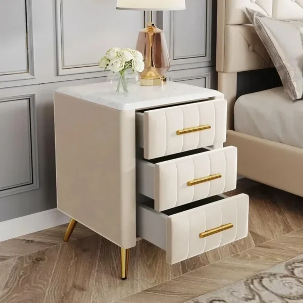 Elegant Upholstered Bedside Table with Marble Accent Top