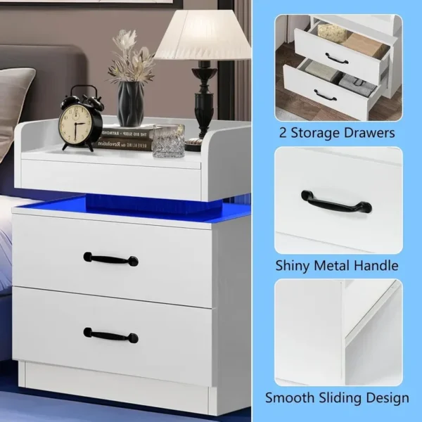 Casaroja Charging Station Nightstand with LED Lights – Modern Bedside Table with 2 Drawers - Image 4