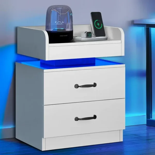 Casaroja Charging Station Nightstand with LED Lights – Modern Bedside Table with 2 Drawers