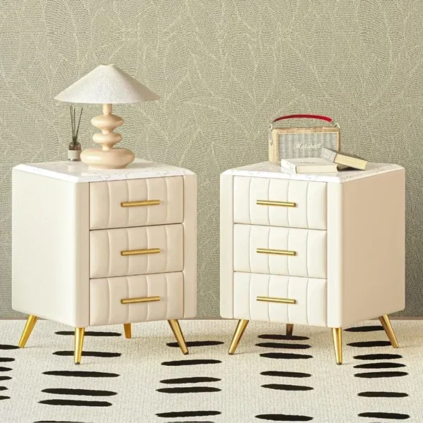 Elegant Upholstered Bedside Table with Marble Accent Top - Image 3