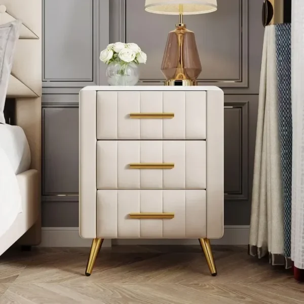 Elegant Upholstered Bedside Table with Marble Accent Top - Image 2