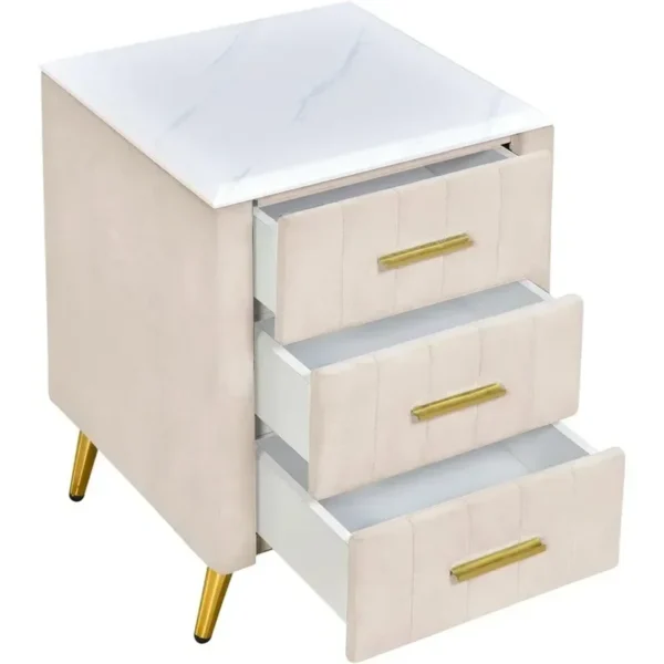 Elegant Upholstered Bedside Table with Marble Accent Top - Image 5