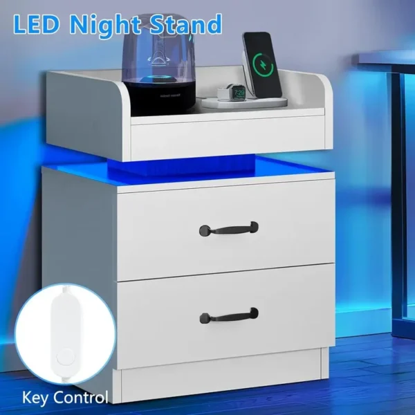 Casaroja Charging Station Nightstand with LED Lights – Modern Bedside Table with 2 Drawers - Image 3