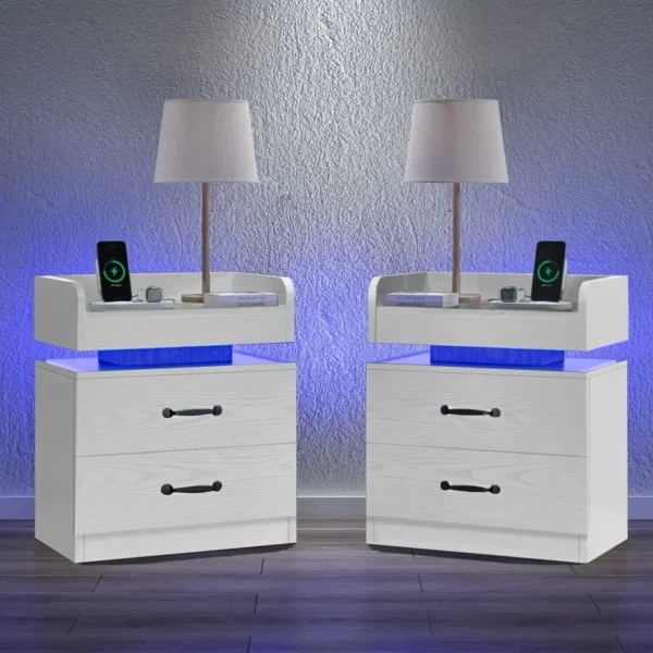 Casaroja Charging Station Nightstand with LED Lights – Modern Bedside Table with 2 Drawers - Image 6